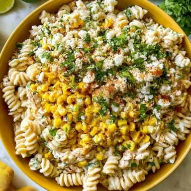 Tasty elote pasta salad with corn, pasta, Greek yogurt, and fresh herbs.