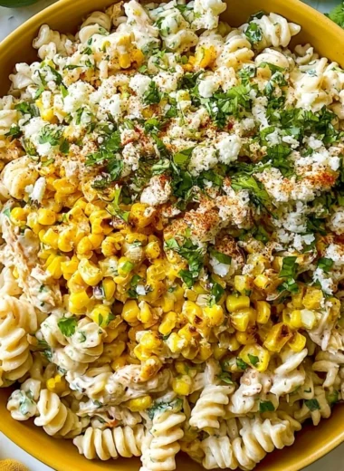 Tasty elote pasta salad with corn, pasta, Greek yogurt, and fresh herbs.