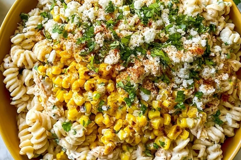 Tasty elote pasta salad with corn, pasta, Greek yogurt, and fresh herbs.