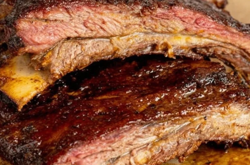 Tender smoky beef ribs on a grill, showcasing rich flavors and perfect seasoning.