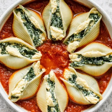Delicious vegan stuffed shells with plant-based filling and marinara sauce