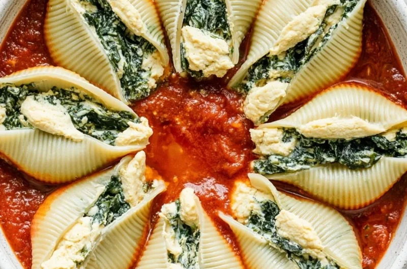 Delicious vegan stuffed shells with plant-based filling and marinara sauce