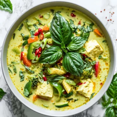 A bowl of Vegetarian Thai Green Curry with vegetables and coconut milk.