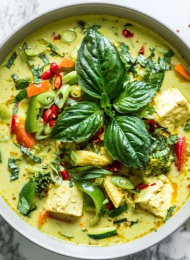 A bowl of Vegetarian Thai Green Curry with vegetables and coconut milk.