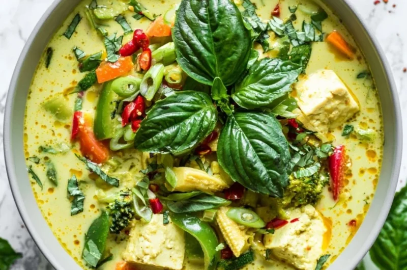 A bowl of Vegetarian Thai Green Curry with vegetables and coconut milk.