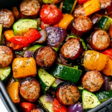 Air fryer chicken sausage with colorful veggies in a healthy dish