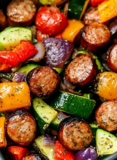 Air fryer chicken sausage with colorful veggies in a healthy dish