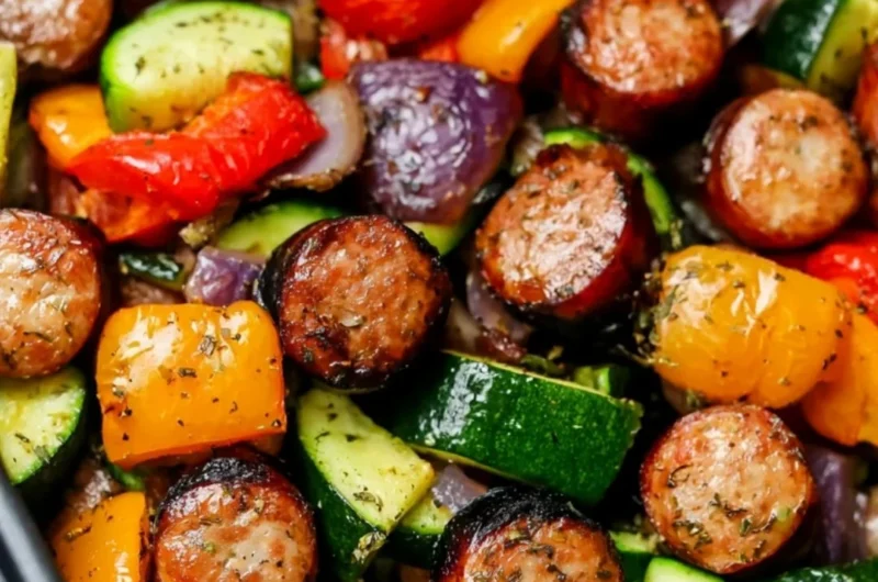 Air fryer chicken sausage with colorful veggies in a healthy dish