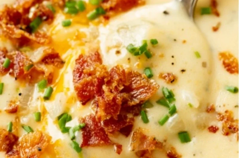 Delicious bowl of creamy baked potato soup garnished with chives and cheese.