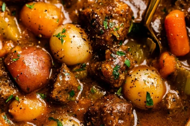 Delicious homemade beef stew in a bowl with vegetables and herbs