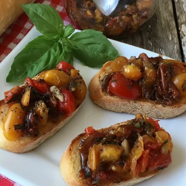 Bruschetta in a Jar with fresh tomatoes and basil ready to serve