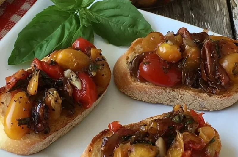 Bruschetta in a Jar with fresh tomatoes and basil ready to serve