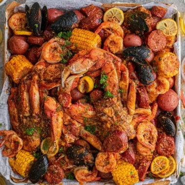 Delicious Cajun seafood boil with fried seafood and noodles