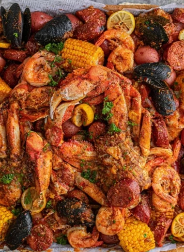 Delicious Cajun seafood boil with fried seafood and noodles