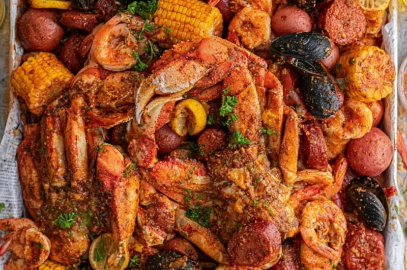 Delicious Cajun seafood boil with fried seafood and noodles