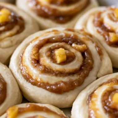 Freshly baked caramel apple cinnamon rolls drizzled with caramel sauce.