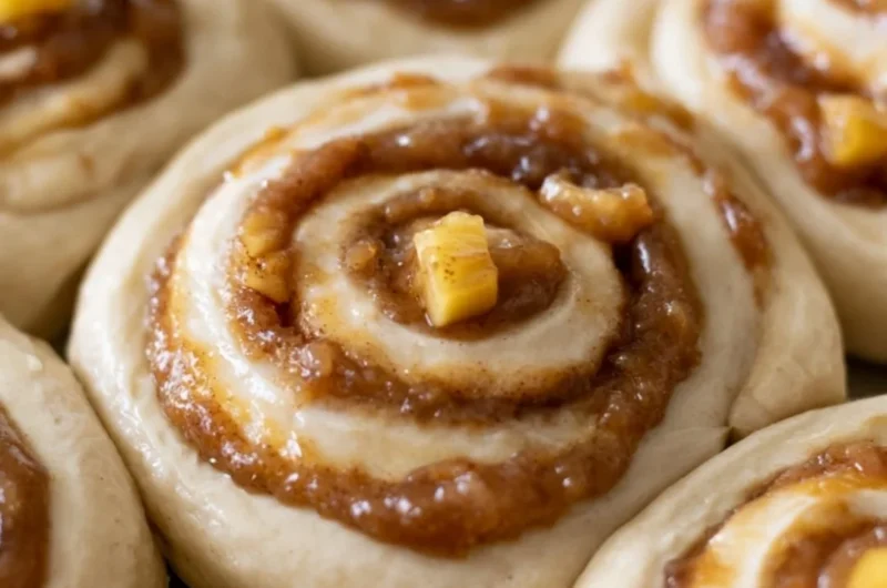 Freshly baked caramel apple cinnamon rolls drizzled with caramel sauce.