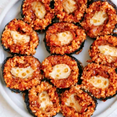 Cheese Kimchi Kimbap with spicy kimchi and melting cheese in a rice roll
