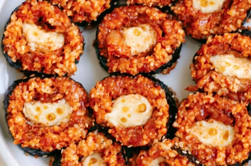 Cheese Kimchi Kimbap with spicy kimchi and melting cheese in a rice roll
