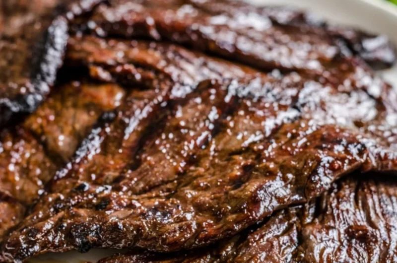 Citrus marinated grilled flank steak served on a plate with herbs.