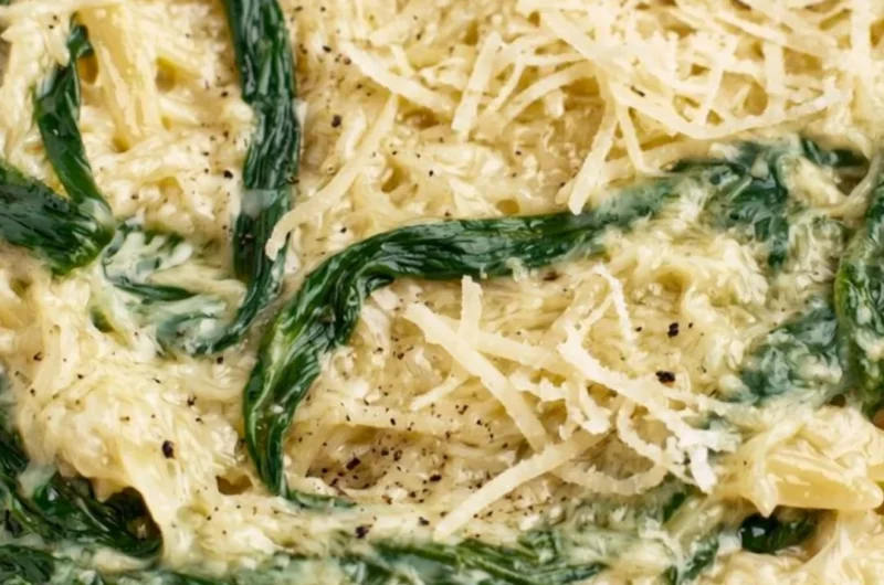 Creamy garlic spinach orzo dish served in a bowl