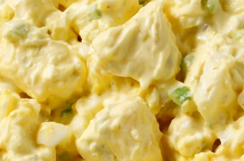 Bowl of creamy potato salad with fresh herbs and vegetables