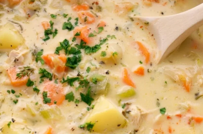Bowl of easy leftover turkey soup garnished with herbs