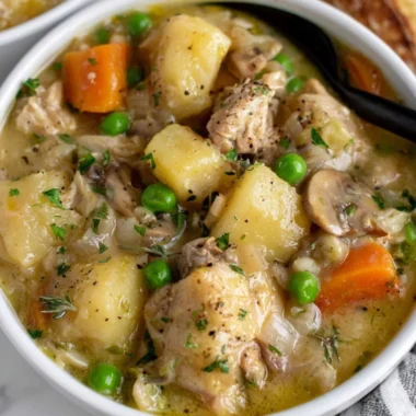 Bowl of easy slow cooker chicken stew with vegetables and herbs