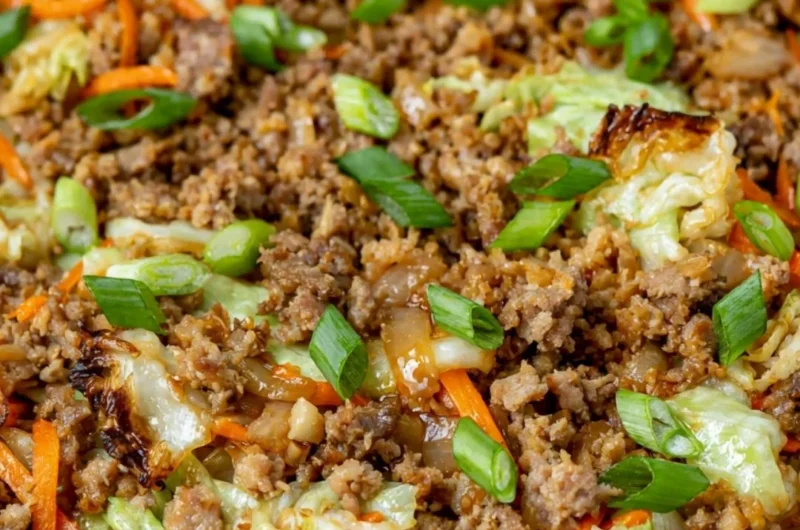 Egg roll in a bowl with colorful vegetables and savory sauce