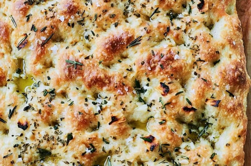Homemade focaccia bread with herbs and olive oil
