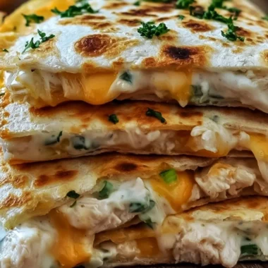 High-protein chicken ranch quesadilla on a plate, garnished with fresh toppings.