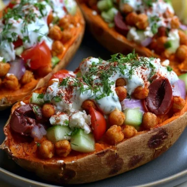 Mediterranean stuffed sweet potato boats filled with fresh ingredients