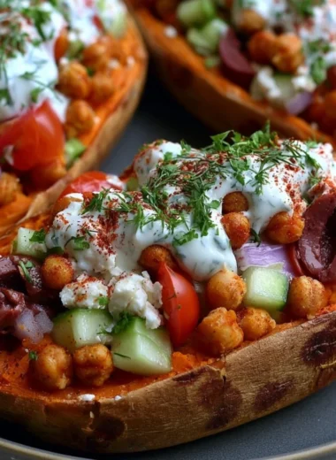 Mediterranean stuffed sweet potato boats filled with fresh ingredients