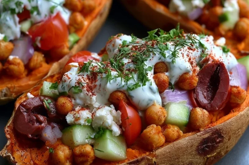 Mediterranean stuffed sweet potato boats filled with fresh ingredients