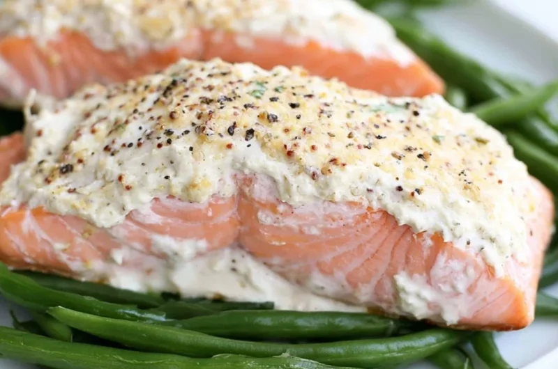 Moist baked salmon garnished with herbs on a plate