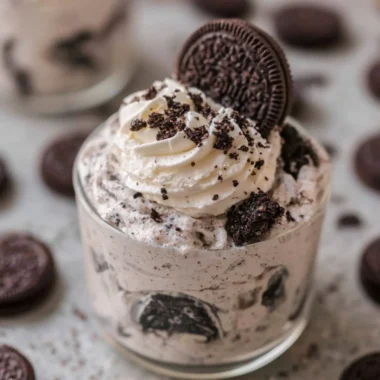 No bake Oreo cheesecake cups topped with crushed Oreos and whipped cream