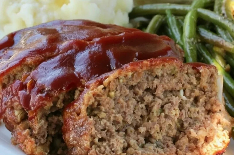 Delicious old fashioned meatloaf served with mashed potatoes and green beans.