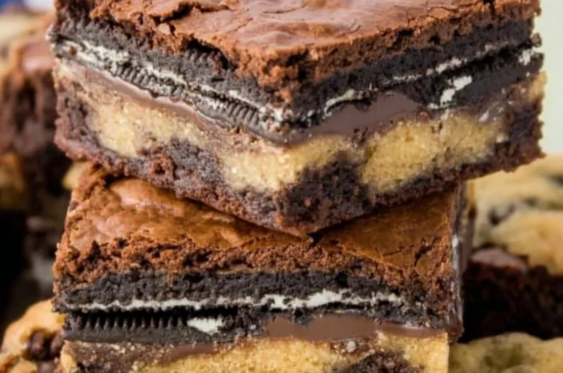 Delicious Oreo brownies topped with cookie dough in a baking dish.