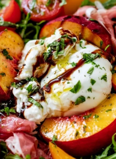 Delicious Peach Burrata Salad with fresh ingredients and vibrant colors
