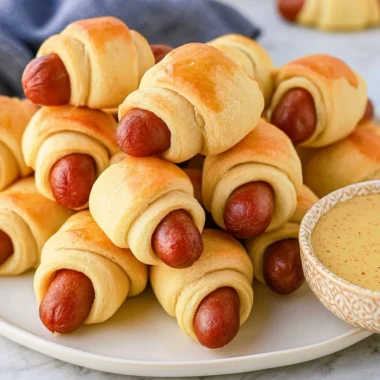 A platter of delicious homemade pigs in a blanket with a side of dipping sauce.