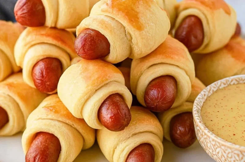 A platter of delicious homemade pigs in a blanket with a side of dipping sauce.