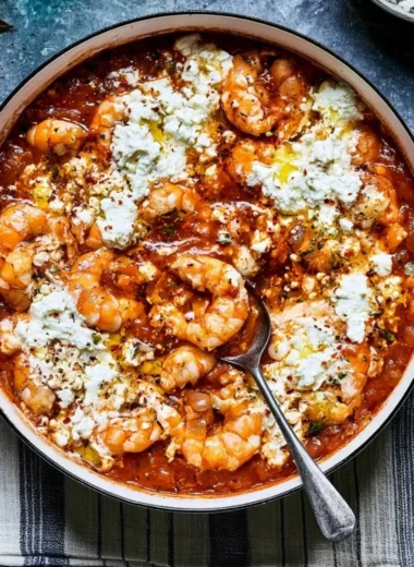 Delicious Prawn Saganaki served in a traditional dish with feta cheese and herbs