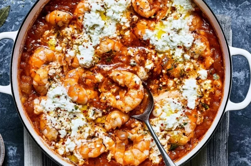 Delicious Prawn Saganaki served in a traditional dish with feta cheese and herbs