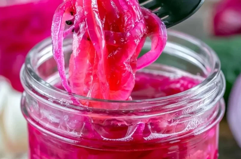Quick pickled red onions in a jar with vibrant colors and flavors.