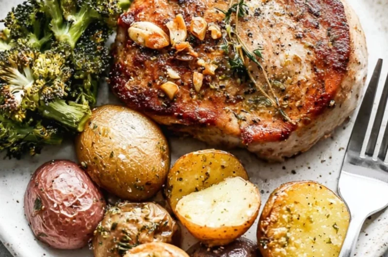 Sheet pan pork chops with roasted potatoes and broccoli ready to serve.