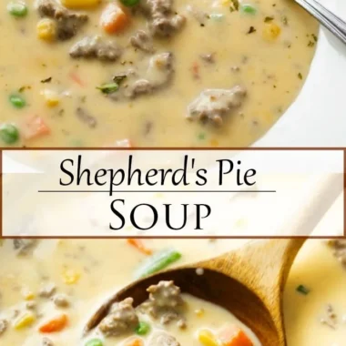 Bowl of hearty Shepherd's Pie Soup topped with herbs and served with crusty bread.
