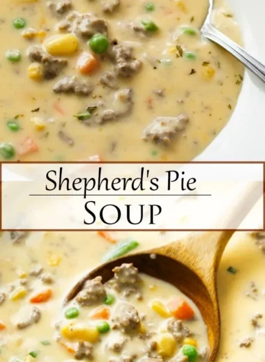 Bowl of hearty Shepherd's Pie Soup topped with herbs and served with crusty bread.