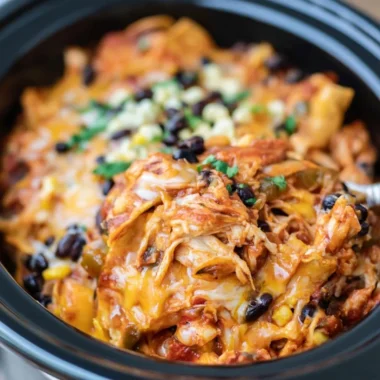 Delicious slow cooker chicken enchiladas topped with cheese and salsa