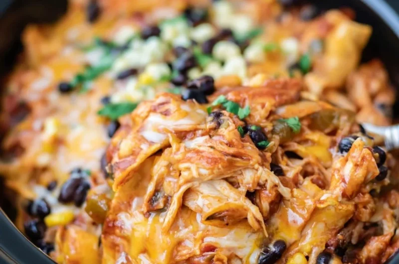 Delicious slow cooker chicken enchiladas topped with cheese and salsa