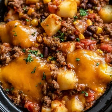 Delicious Slow Cooker Cowboy Casserole in a rustic dish